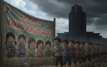 Ilustrasi yang secara visual mengkontraskan janji manis program MBG dengan realitas pahitnya
